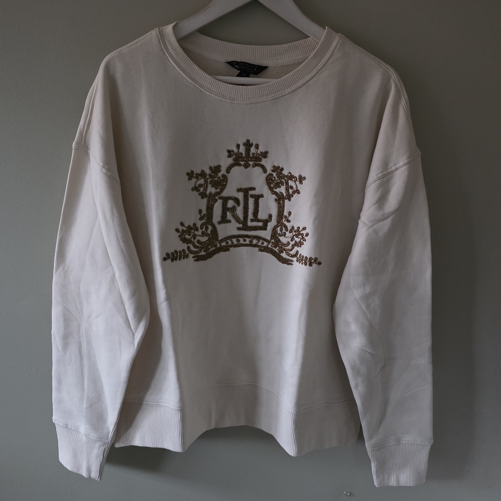 Lauren Ralph Lauren Cream Crewneck Sweater with Gold Crest